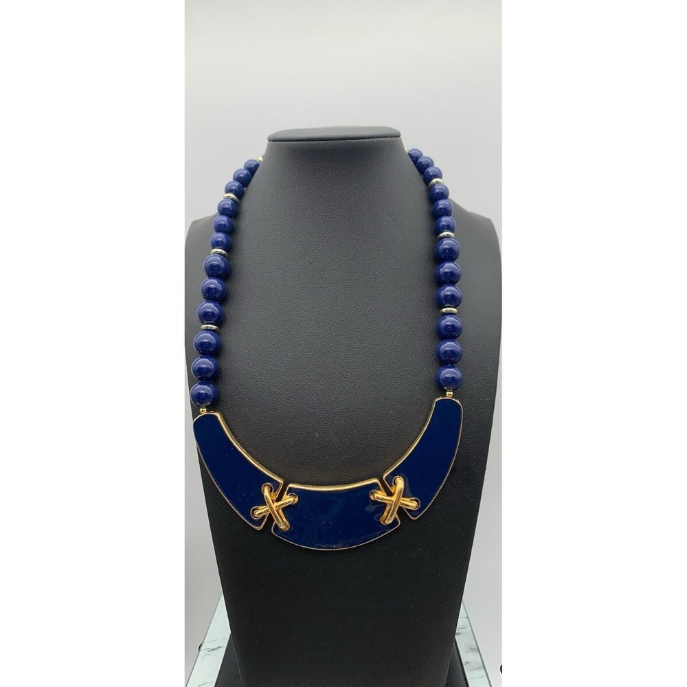 Vintage 1980s Blue Acrylic Bead Gold-Tone & Blue Collar Pendant Necklace 16"